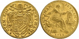 ITALY. Papal Coinage. Clement XIII , 1758-1769. Zecchino (Gold, 21 mm, 3.40 g, 6 h), Rome, dated RY 4 and 1761. CLEM•XIII - PONT•M•A•IV Coat-of-arms s...