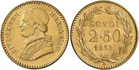ITALY. Papal Coinage. Pius IX , 1846-1878. 2 1/2 Scudi (Gold, 19 mm, 4.34 g, 7 h), Rome, dated RY 12 and 1858. PIVS•IX•PON• - MAX•AN•XII• Draped bust ...