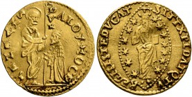 ITALY. Venezia (Venice). Alvise I Mocenigo , 1570-1577. Ducat (Gold, 20 mm, 3.48 g, 1 h). St. Mark standing right, presenting banner to Doge kneeling ...