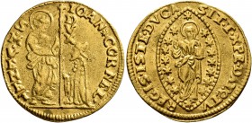 ITALY. Venezia (Venice). Giovanni Cornaro , 1709-1722. Ducat (Gold, 22 mm, 3.47 g, 12 h). St. Mark standing right, presenting banner to Doge kneeling ...