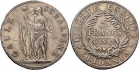 ITALY. Repubblica Subalpina. 1800-1801. 5 Francs (Silver, 37 mm, 24.89 g, 6 h), Torino, year 10 = 1801. Liberty and Peace. Rev. Denomination and date ...