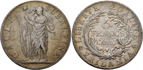 ITALY. Repubblica Subalpina. 1800-1801. 5 Francs (Silver, 36 mm, 24.84 g, 6 h), Torino, year 10 = 1801. Liberty and Peace. Rev. Denomination and date ...