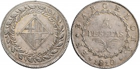 SPAIN, Reino de Espa&#241;a. Jos&#233; I Bonaparte , 1808-1813. 5 Pesetas (Silver, 39 mm, 26.94 g), Barcelona, 1810. Coat-of-arms within wreath. Rev. ...