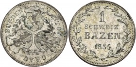 SWITZERLAND. Graub&#252;nden. Kanton . 1 Batzen (Silver, 23 mm, 2.71 g, 6 h), 1836 HB. HMZ 2-605e. Rare. Extremely fine.