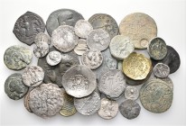 A lot containing 1 plated gold, 18 silver and 17 bronze coins coins. Includes: Greek, Roman Provincial, Roman Imperatorial, Byzantine and early Mediev...