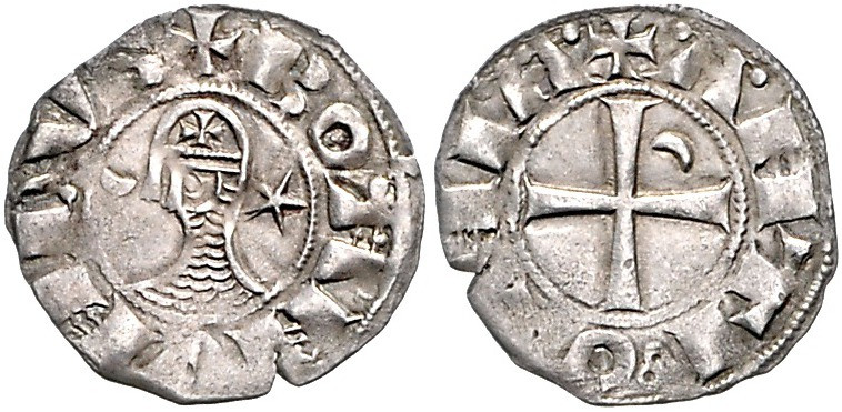 Kreuzfahrer - Antiochia Bohemund III. 1162-1201 Denar Behelmte Büste zwischen Ha...