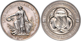 Baden - Baden-Baden, Stadt Silbermedaille 1896 (v. MM) Dank der Stadt an die Krieger von 1870/71. Slg. Beil 1106. Slg. Zeitz 780. 
40,6mm 37,5g vz+
