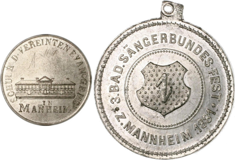 Baden - Mannheim Lot von 2 Stücken: Versilberte Medaille 1823 auf die Grundstein...