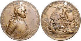Brandenburg in den Marken - Preussen Friedrich II. der Große 1740-1786 Bronzemedaille 1757 (v. Holtzhey) auf die Schlacht bei Prag. Olding 602. FuS 48...