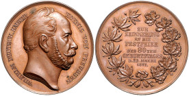 Brandenburg in den Marken - Preussen Wilhelm I. 1861-1888 Bronzemedaille 1877 (v. Weckwerth) auf seinen 80. Geburtstag. 
kl. Fl. 39,0mm 23,8g st