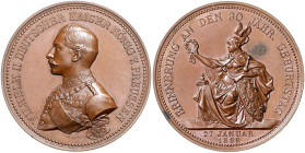 Brandenburg in den Marken - Preussen Wilhelm II. 1888-1918 Bronzemedaille 1889 (v. Loos/Schultz/Uhlmann) auf seinen 30. Geburtstag. 
winz. Rf. 42,7mm...