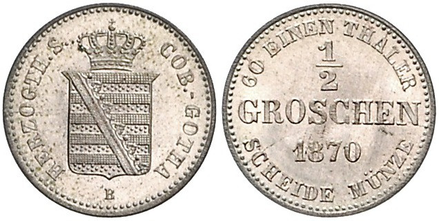 Sachsen - Coburg und Gotha Ernst II. 1844-1893 1/2 Groschen 1870 B waagerechter ...