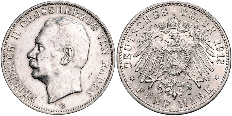 Baden Friedrich II. 1907-1918 5 Mark 1913 G J. 40. 
 gutes ss-vz