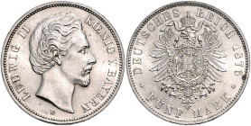 Bayern Ludwig II. 1864-1886 5 Mark 1876 D J. 42. 
Rs: kl. Fleck vz+/vz-st