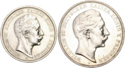 Preussen Wilhelm II. 1888-1918 Lot von 2 Stücken: 2 Mark 1905 (J. 102 vz-/vz-st) und 3 Mark 1912 (J. 103 f.vz/vz-st).