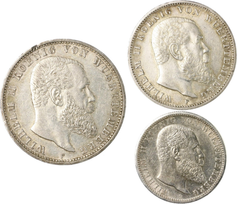 Württemberg Wilhelm II. 1891-1918 Lot von 3 Stücken: 2 Mark 1914 F (J. 174), 3 M...