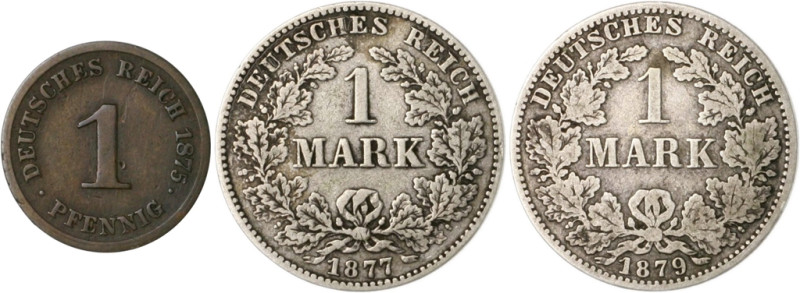 Kaiserreich Kleinmünzen Lot von 3 Stücken: 1 Pfennig 1875 H (J. 1), 1 Mark 1877 ...