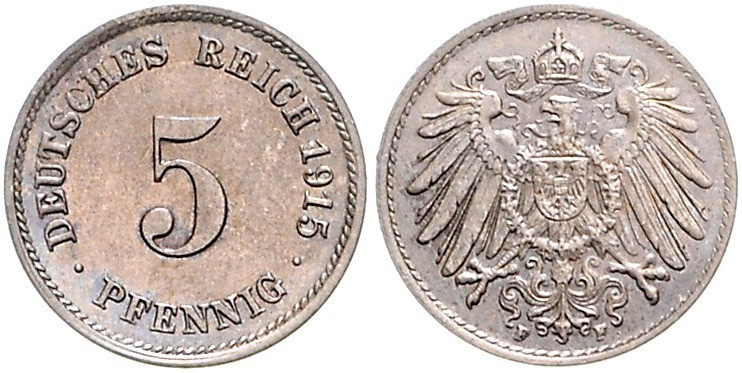 Kaiserreich Kleinmünzen 5 Pfennig 1915 F Materialprobe in Chromstahl, es wurde b...