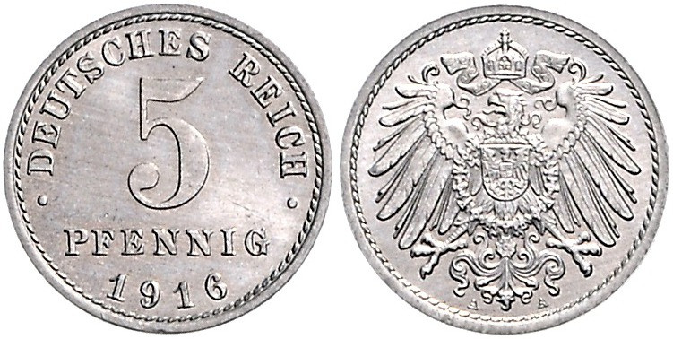 Ersatzmünzen des 1. Weltkrieges 5 Pfennig 1916 A Materialprobe in Aluminium, Ran...