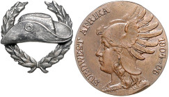 Deutsch-Südwestafrika Lot von 3 Stücken: Silberne Ehrennadel des Kolonial-Kriegerbundes, Bronze-Denkmünze für Kämpfer (32,7mm 18,0g) und versilberte B...