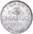 Weimarer Republik 3 Mark 1922 A Einseitige Prägung der Wertseite in Aluminium, mit Riffelrand. J. zu 302 /303. Schaaf -. Beckenb. -. 
 vz