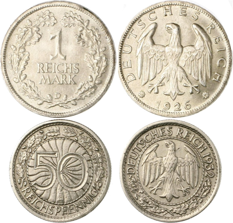 Weimarer Republik Lot von 2 Stücken: 1 Reichsmark 1926 D (vz) und 50 Reichspfenn...