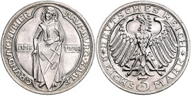 Weimarer Republik 3 Reichsmark 1926 A 700 Jahre Reichsfreiheit Lübeck. J. 323. 
 vz-st/st-