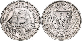 Weimarer Republik 3 Reichsmark 1927 A 100 Jahre Bremerhaven. J. 325. 
 f.st