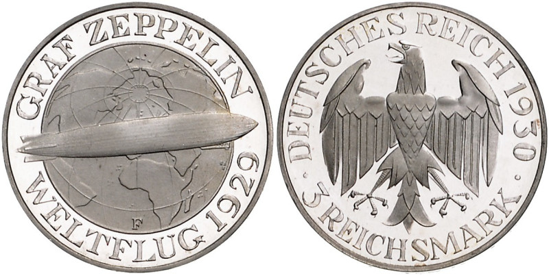 Weimarer Republik 3 Reichsmark 1930 F Zum Weltflug des 'Graf Zeppelin' 1929. J. ...