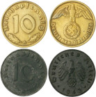 Drittes Reich Lot von 2 Stücken: 10 Pfennig 1936 A (J. 364 ss) und 10 Pfennig 1943 J (J. 371 ss-vz, l.korrodiert).