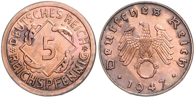 Drittes Reich 5 Reichspfennig 1947 Probe in Kupfer der Wertseite des J. 316 mit ...