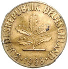 Bundesrepublik Deutschland 5 Pfennig 1968 D Fehlprägung, zweimal Baumseite, einmal incus nur auf der dünnen Messingplattierung geprägt. J. zu 382. 
0...