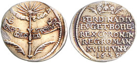 RDR - Österreich Ferdinand IV. 1653-1654 Krönungsmedaille 1653 auf seine römische Krönung in Regensburg. Slg. Mont. 846. 
altvergoldet, Felder altgeg...