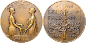 Belgien Leopold II. 1865-1909 Bronzemedaille 1930 (v. Bonnetain) auf die 100-Jahrfeier Belgiens. 
kl. Fleck 67,7mm 132,1g f.st