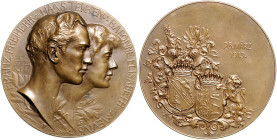 Belgien Albert I. 1909-1934 Bronzemedaille 1913 (v. Schneider) auf die Vermählung von Freiherr Haas-Teichen mit Baronesse Elisabeth Mevius, i.Rd: Klee...