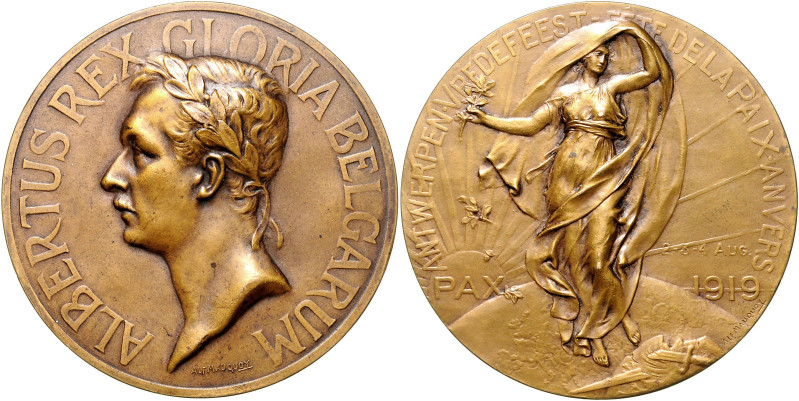 Belgien Albert I. 1909-1934 Bronzemedaille 1919 (v. Mauquoy) auf das Antwerpener...