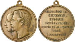 Frankreich Napoléon III. 1852-1871 Bronzemedaille 1853 (v. Robineau) auf die Hochzeit mit Eugenie. 
mitgeprägte Öse 35,5mm 18,3g vz