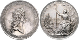 Großbritannien Charles II. 1660-1685 Silbermedaille o.J. (v. Roettiers) auf den Frieden von Breda. Eimer 241. v. Loon 544. 
etwas fleckige Patina, 56...