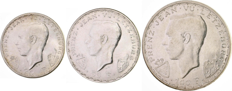 Luxemburg Charlotte 1919-1964 Satz von 3 Stücken: 20, 50 und 100 Francs o.J., au...