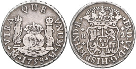Mexiko Fernando VI. 1746-1759 2 Reales 1759 Mo-M Variante mit je 2 Kreuzen um 'R' und '2'. KM 86.2. 
 ss