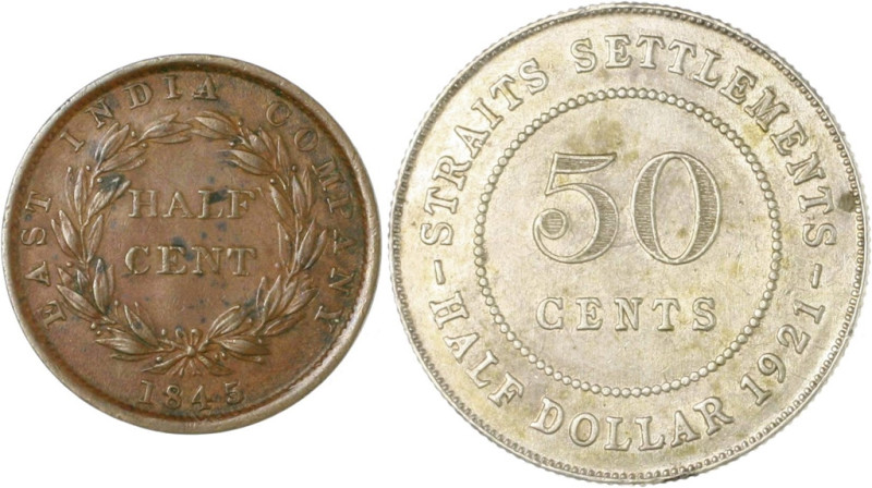 Straits Settlement Victoria 1837-1901 Lot von 7 Stücken: 1/2 Cent 1845, Rückseit...