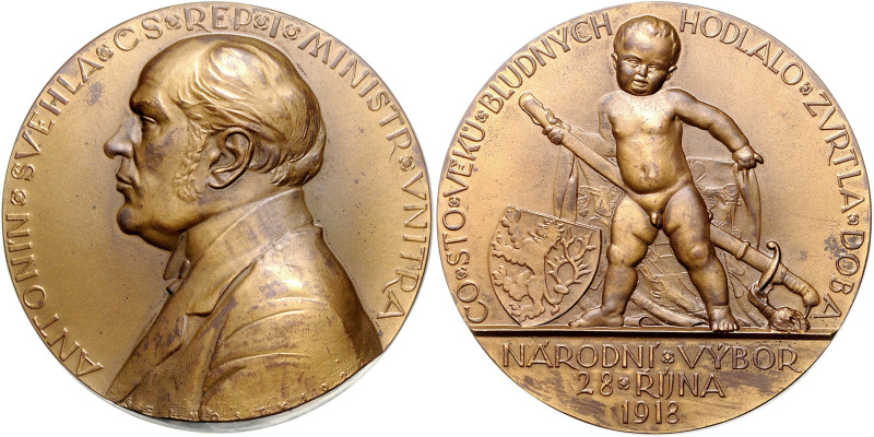 Tschechoslowakei Erste Republik 1918-1938 Vergoldete Bronzemedaille 1918 (v. Sej...