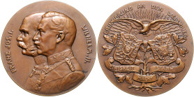 Erster Weltkrieg Bronzemedaille 1914 (v. B.H. Mayer) auf das Waffenbündnis zwischen Deutschland und Österreich. Zetzm. vgl. 3017. 
60,3mm 93,1g f.st...