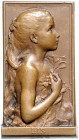 Jugendstil Einseitige Bronzeplakette o.J. (1896 v. Deschamps) LIS, i.Rd: Füllhorn BRONZE. 
21,7x40,5mm 15,3g f.st