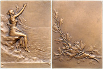 Jugendstil Bronze-Plakette o.J. (um 1900) (v. Dubois) Leicht bekleidete Frau auf Uferfelsen, die Sonne anbetend / gebundener Lorbeer- u. Eichenzweig, ...