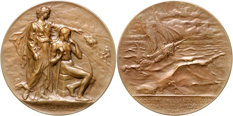 Jugendstil Bronzemedaille 1907 (v. Le Roy) PRO PACE, herausgegeben von der hollä...