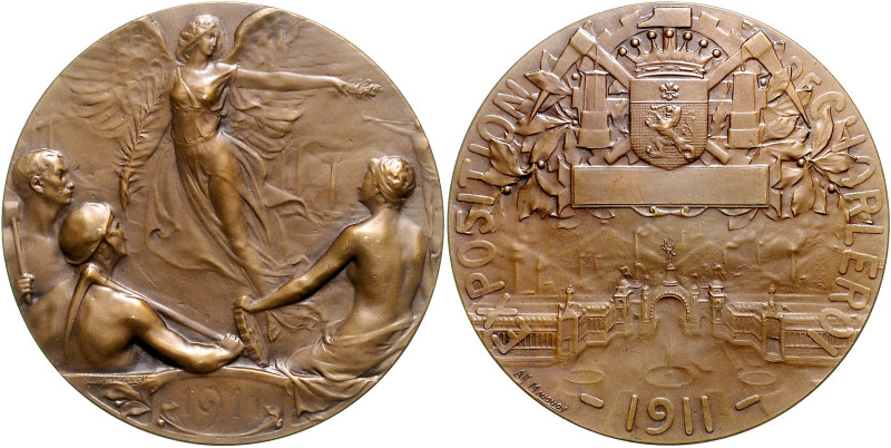 Jugendstil Bronzemedaille 1911 (v. Mauquoy) auf die Bergbau- und Hüttenausstellu...