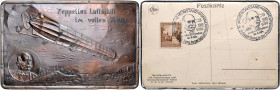 Luftfahrt Metallpostkarte o.J. mit Papiereinlage und herausnehmbarer Stütze, D.R.G.M 379 948, mit Briefmarke und Sonderpoststempeln der Zeppelin-Ausst...