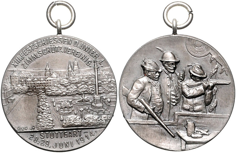 Schützenmedaillen - Stuttgart Versilberte Medaille 1914 (v. M.&W.) auf das 13. F...