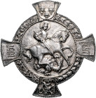 Miscellanea Silberne Brosche in Kreuzform, St. Georg bekämpft den Drachen, in den Kreuzenden 1857 / 1897, Wappen 3 Helme (Landshut?) / Wappen stehende...